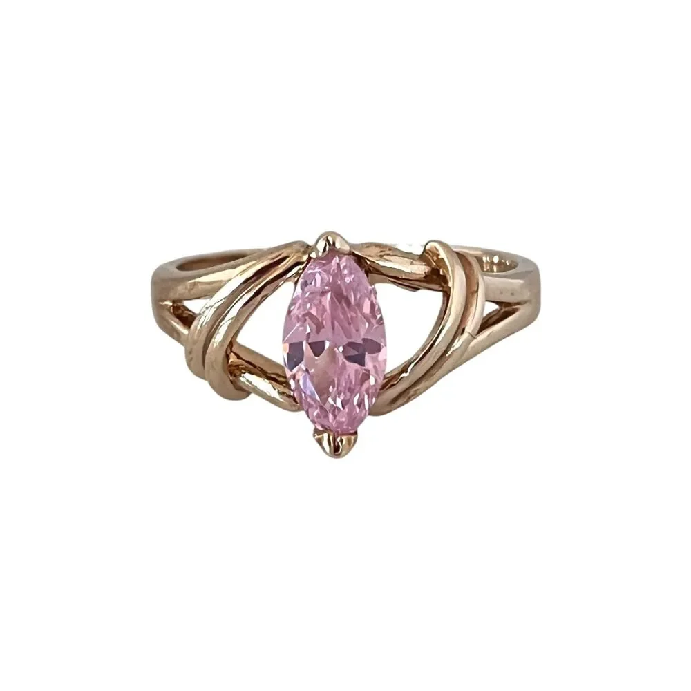 Vintage 1980s Pink CZ Marquise Ring Size 9 14KTGE Gold Plate - 14D